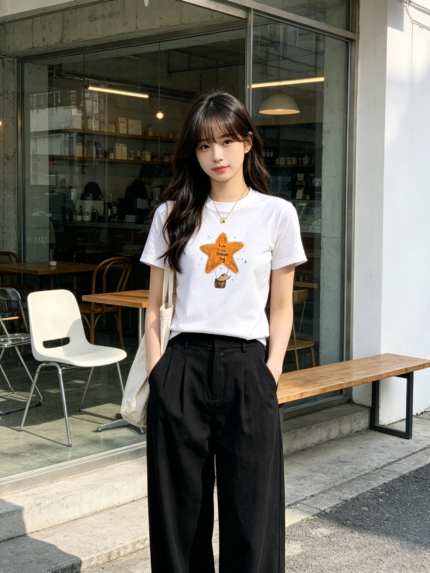 Áo thun nữ cổ tròn tay ngắn in ngôi sao màu cam – Trắng