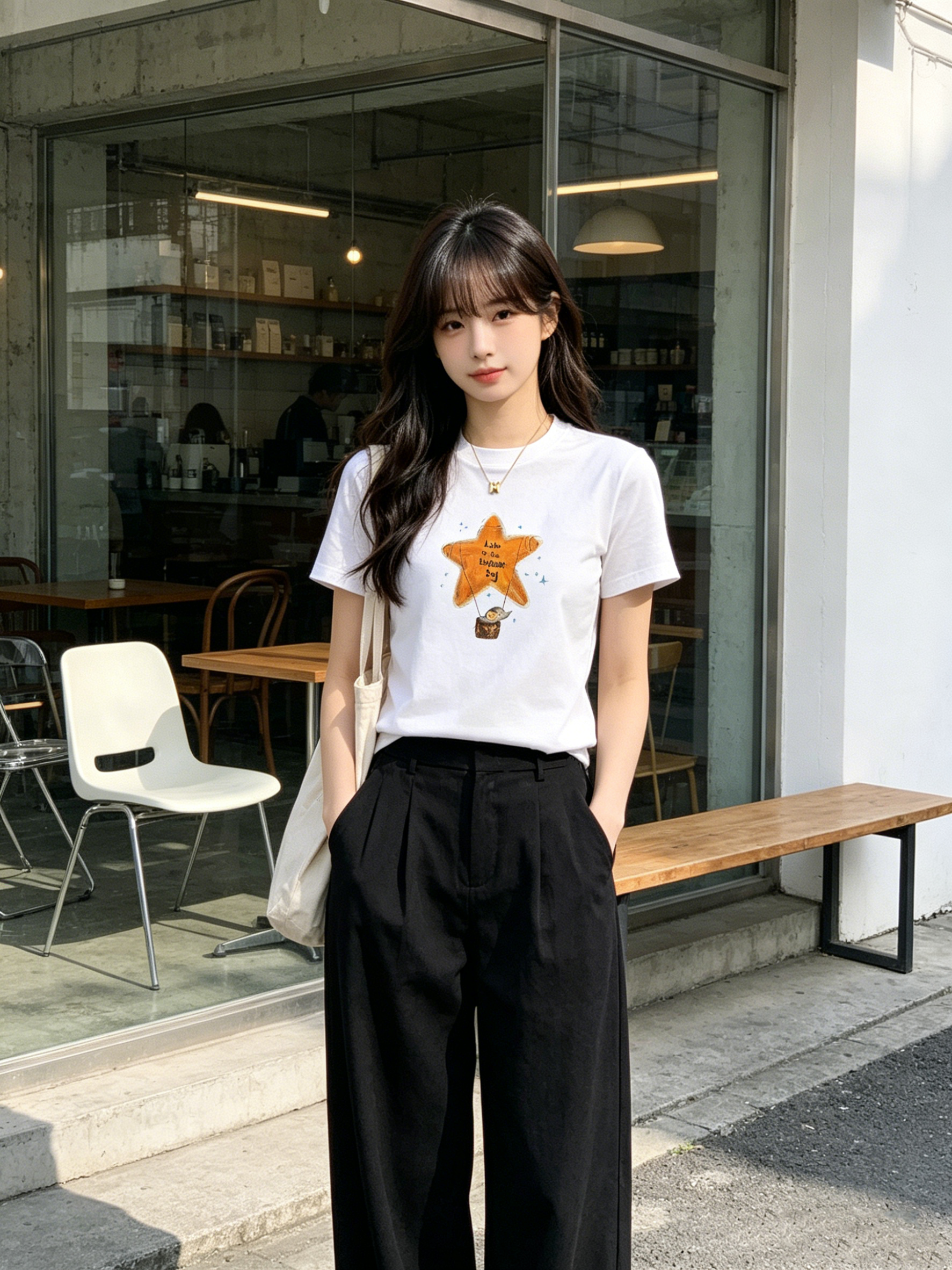 Áo thun nữ cổ tròn tay ngắn in ngôi sao màu cam – 1 Áo thun nữ cổ tròn tay ngắn in ngôi sao màu cam – Trắng