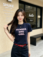 Áo thun nữ cổ tròn tay ngắn in chữ Number One Girl – Xanh navy