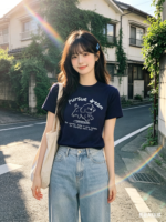 Áo thun nữ cổ tròn tay ngắn in đôi cún Pursue Dream – Xanh navy