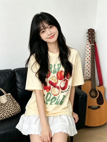 Áo thun nữ cổ tròn tay ngắn dáng rộng in táo – ảnh 2 Sweet Fable