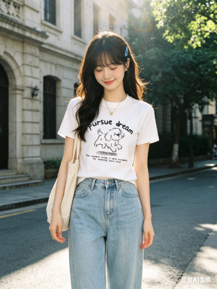 Áo thun nữ cổ tròn tay ngắn in đôi cún Pursue Dream – Trắng