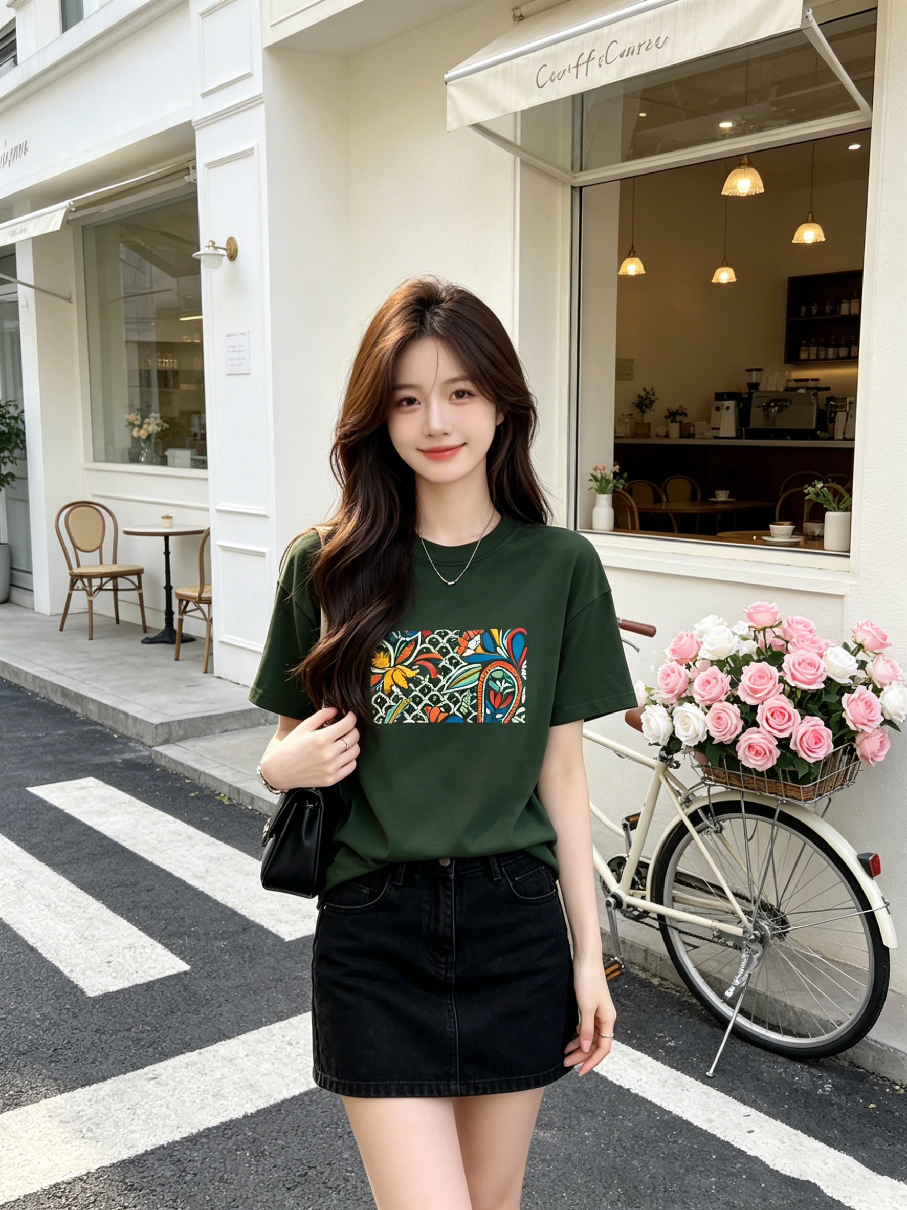 Áo thun nữ cổ tròn tay ngắn in họa tiết nhiều màu – 1 Áo thun nữ cổ tròn tay ngắn in họa tiết nhiều màu – Xanh lá đậm