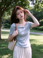 Áo nữ cổ đổ tay ngắn trơn – ảnh 4 Sweet Fable