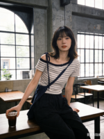 Áo thun nữ lệch vai tay ngắn kẻ ngang phối dây vai – ảnh 4 Sweet Fable