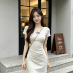 Đầm nữ cổ tròn tay ngắn dáng ôm in chữ – Kem