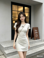 Đầm nữ cổ tròn tay ngắn dáng ôm in chữ – Kem
