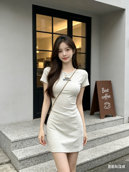 Đầm nữ cổ tròn tay ngắn dáng ôm in chữ – Kem
