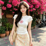 Áo thun nữ cổ tròn tay ngắn ôm dáng in hoa đỏ – Trắng