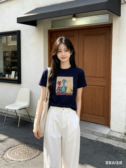 Áo thun nữ cổ tròn tay ngắn in ba chú mèo – Xanh navy