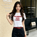 Áo thun nữ cổ tròn tay ngắn in chữ Number One Girl – Trắng