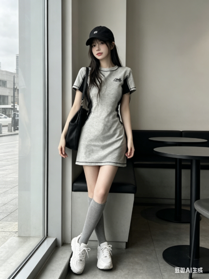 Đầm nữ cổ tròn tay ngắn phối viền và sọc vai – Xám phối đen