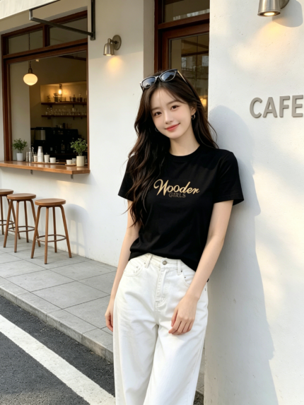 Áo thun nữ cổ tròn tay ngắn in chữ viết tay – Đen