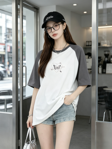 Áo thun nữ cổ tròn tay ngắn raglan dáng rộng in bướm – Trắng phối xám đậm