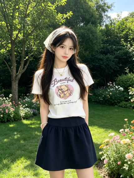 Áo thun nữ cổ tròn tay ngắn in gấu trái tim Beautiful – Trắng