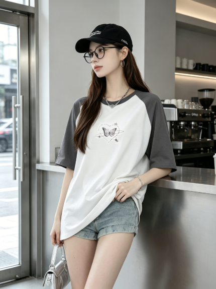 Áo thun nữ cổ tròn tay ngắn raglan dáng rộng in bướm – ảnh 2 Sweet Fable