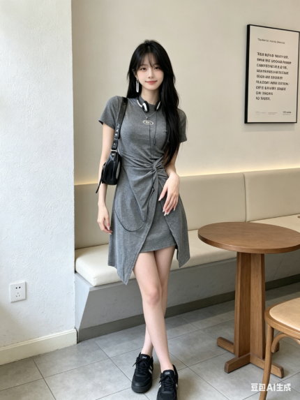 Đầm nữ cổ polo tay ngắn nhún eo vạt bất đối xứng – Xám