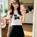 Áo thun nữ cổ tròn tay ngắn in cún chấm bi – Trắng