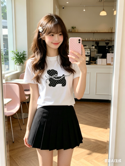 Áo thun nữ cổ tròn tay ngắn in cún chấm bi – Trắng