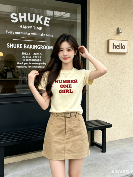 Áo thun nữ cổ tròn tay ngắn in chữ Number One Girl – Vàng nhạt