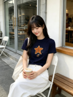 Áo thun nữ cổ tròn tay ngắn in ngôi sao màu cam – ảnh 4 Sweet Fable