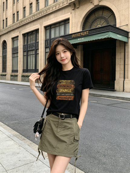 Áo thun nữ cổ tròn tay ngắn in chữ phong cách vintage – Đen