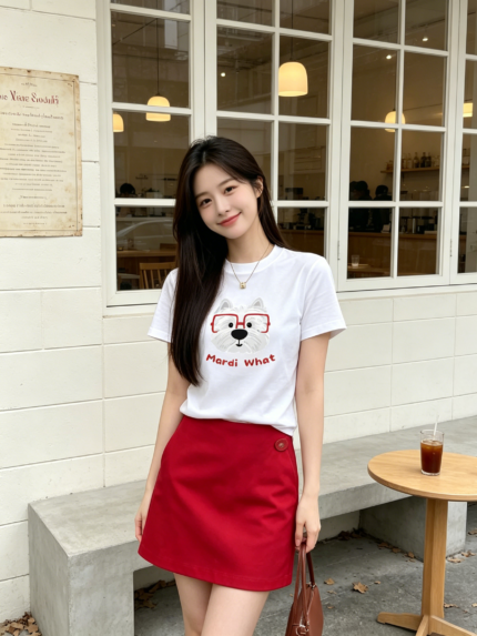 Áo thun nữ cổ tròn tay ngắn in cún đeo kính – Trắng