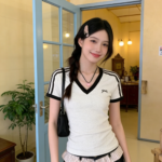 Áo thun nữ cổ V tay ngắn phối viền và sọc vai – Xám nhạt phối đen