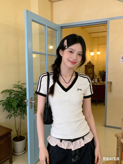 Áo thun nữ cổ V tay ngắn phối viền và sọc vai – Xám nhạt phối đen
