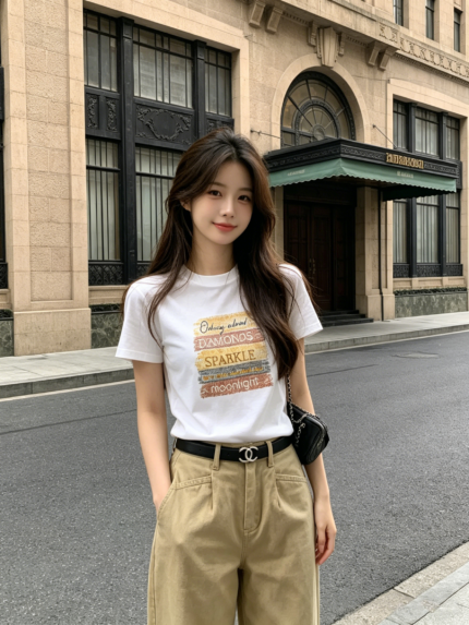 Áo thun nữ cổ tròn tay ngắn in chữ phong cách vintage – Trắng