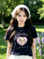 Áo thun nữ cổ tròn tay ngắn in gấu trái tim Beautiful – Xanh navy