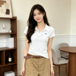Áo polo nữ tay ngắn ôm dáng có chữ nhỏ ở ngực – Trắng