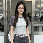 Áo thun nữ cổ tròn tay ngắn raglan dáng ngắn in bướm – Xám phối xám đậm