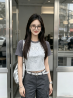 Áo thun nữ cổ tròn tay ngắn raglan dáng ngắn in bướm – Xám phối xám đậm
