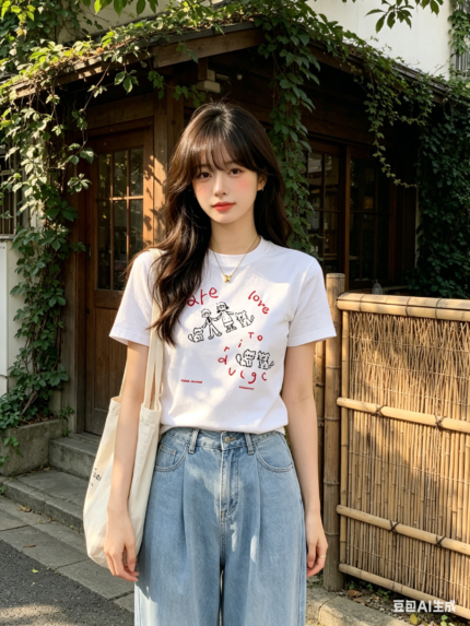 Áo thun nữ cổ tròn tay ngắn in cún nét vẽ – Trắng