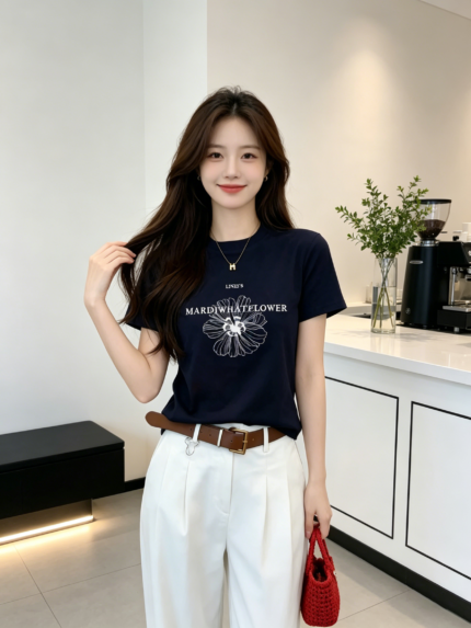 Áo thun nữ cổ tròn tay ngắn in hoa nét vẽ – Xanh navy