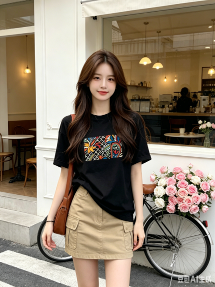 Áo thun nữ cổ tròn tay ngắn in họa tiết nhiều màu – Đen