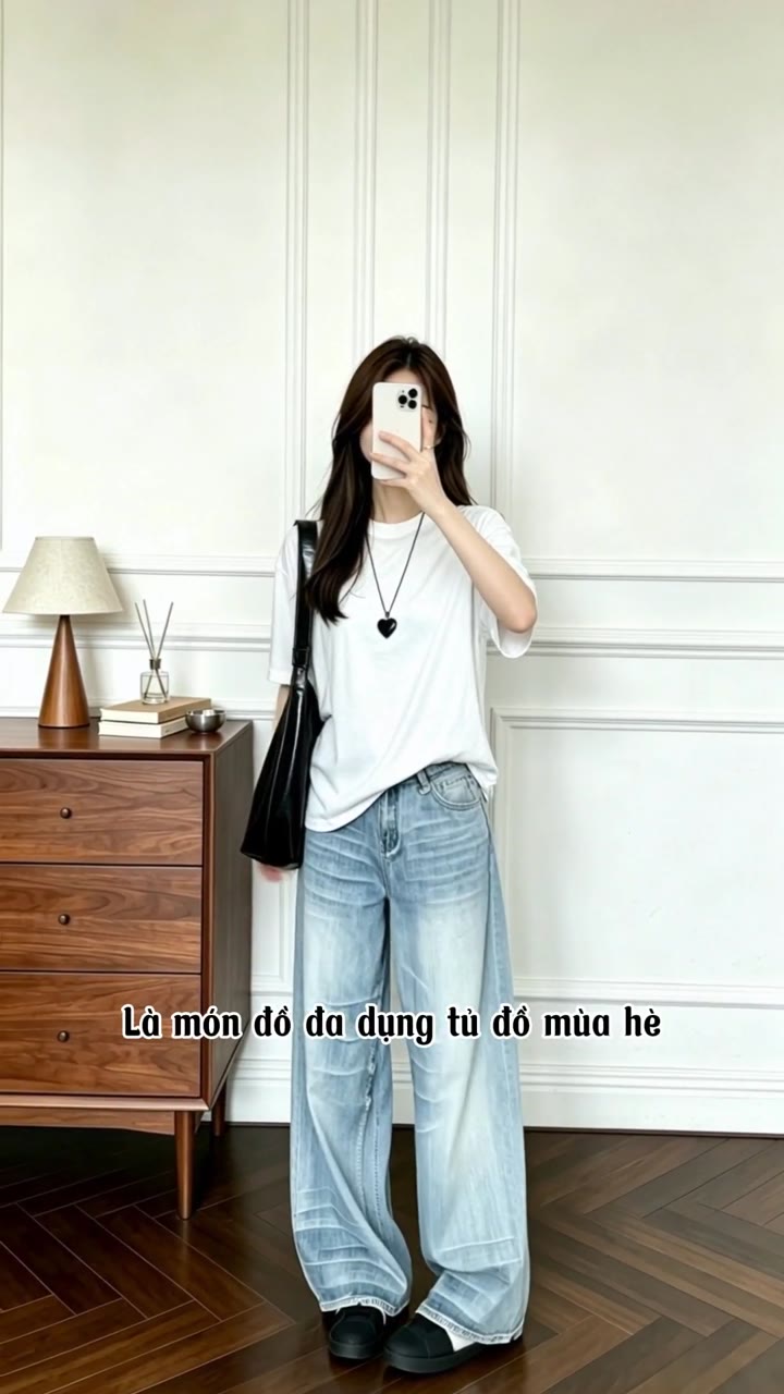 Gợi ý phối áo thun trắng rộng với quần jean ống rộng xanh nhạt và túi đen